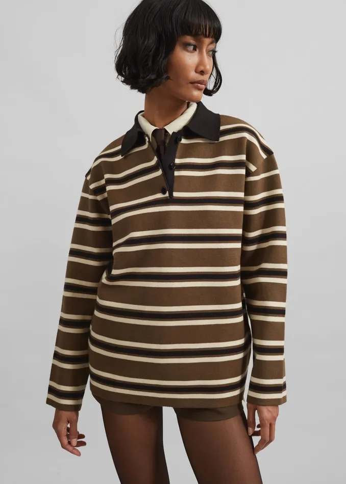 Women Royan Striped Polo 8211 Khaki Multi Stripe The Frankie Shop Knitwear