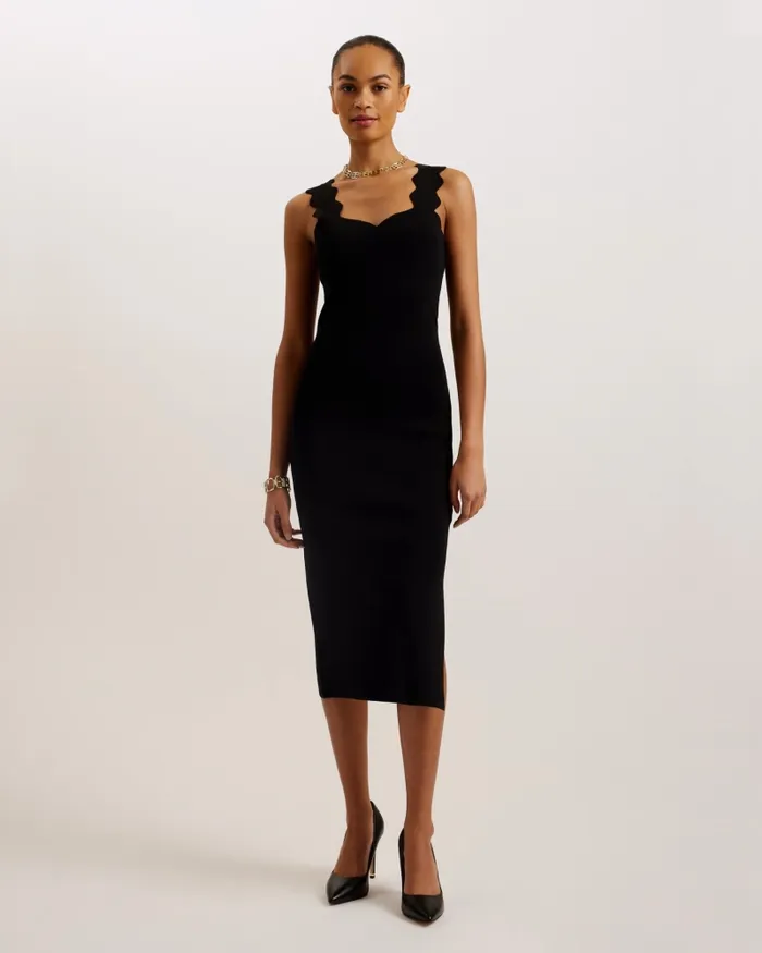 Women SHARMAY 8211 Scallop Detail Midi Knit Dress Black Ted Baker Dresses
