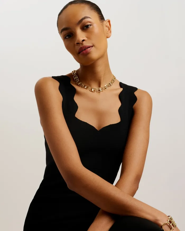 Women SHARMAY 8211 Scallop Detail Midi Knit Dress Black Ted Baker Dresses