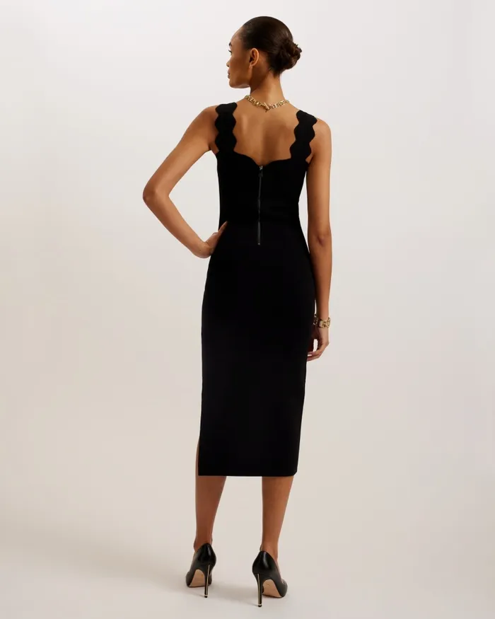 Women SHARMAY 8211 Scallop Detail Midi Knit Dress Black Ted Baker Dresses