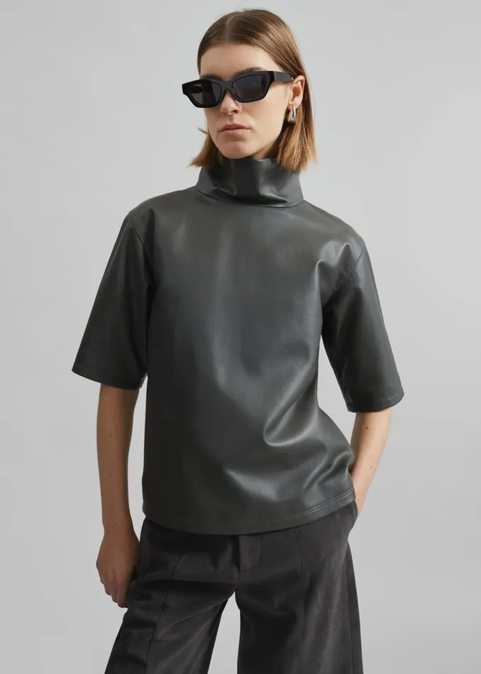 Women Shiloh Leather Mock Neck Top 8211 Khaki The Frankie Shop Tops
