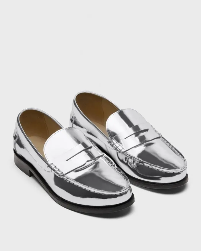 Women Shoes Theory City Loafer In Metallic Leather Silver