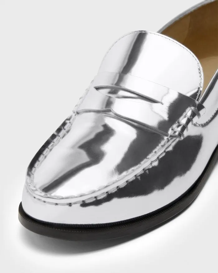 Women Shoes Theory City Loafer In Metallic Leather Silver