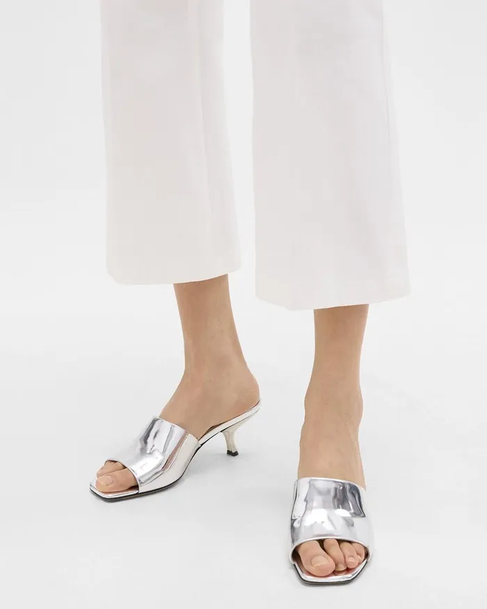 Women Shoes Theory Mule Sandal In Metallic Leather Silver