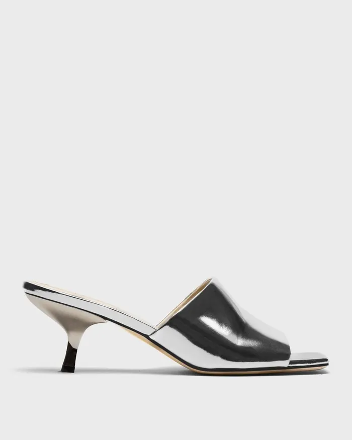 Women Shoes Theory Mule Sandal In Metallic Leather Silver