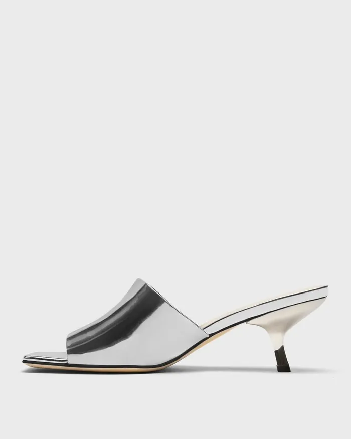 Women Shoes Theory Mule Sandal In Metallic Leather Silver