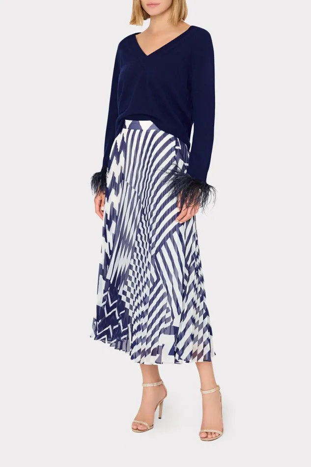 Women Skirts Milly Otha Patchwork Chevron Pleated Skirt Bluewhite