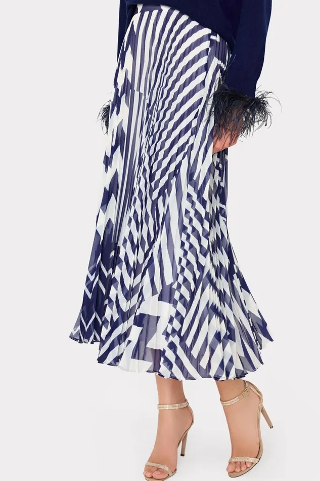 Women Skirts Milly Otha Patchwork Chevron Pleated Skirt Bluewhite