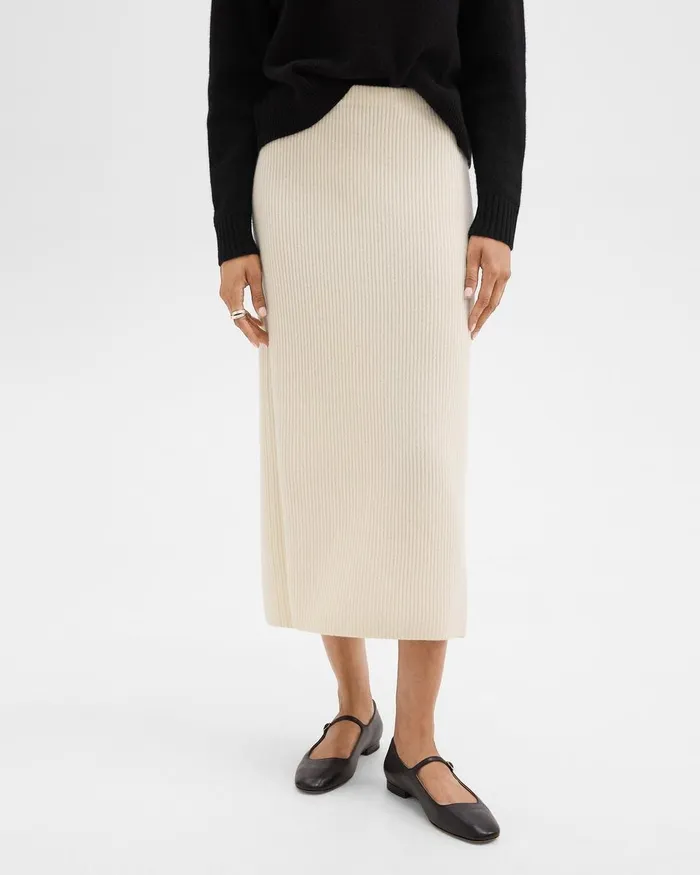Women Skirts Theory Midi PullOn Skirt In Felted WoolCashmere Ivory