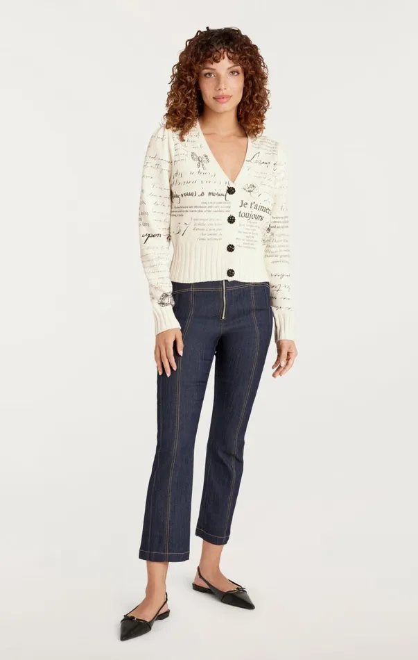 Women Sweaters and Knits Cinq Sept Printed Lovenotes Morgan Cardigan Ivoryblack