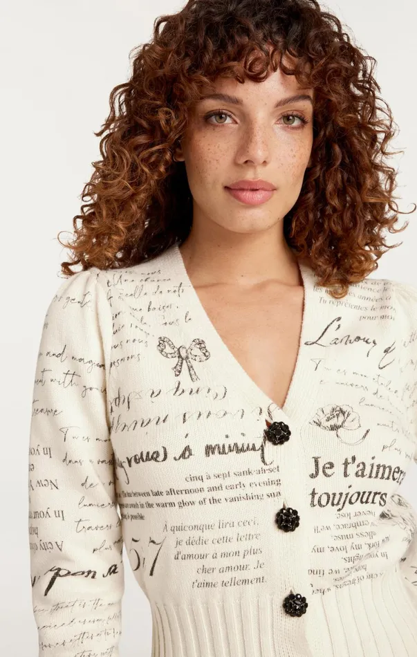 Women Sweaters and Knits Cinq Sept Printed Lovenotes Morgan Cardigan Ivoryblack
