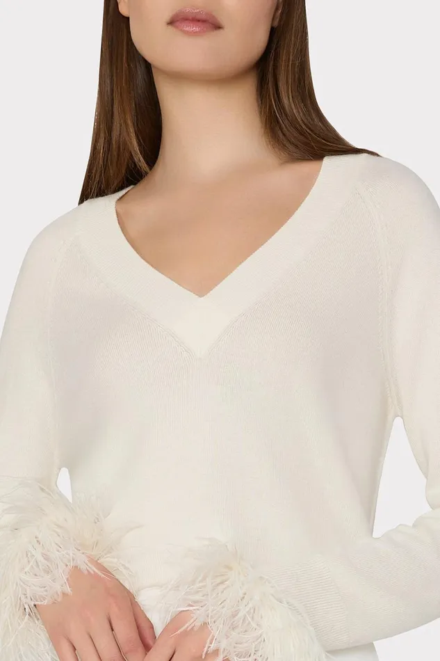 Women Sweaters and Knits Milly Feather Cuff VNeck Sweater Ecru Women Sweaters and Knits Milly Feather Cuff VNeck Sweater Ecru