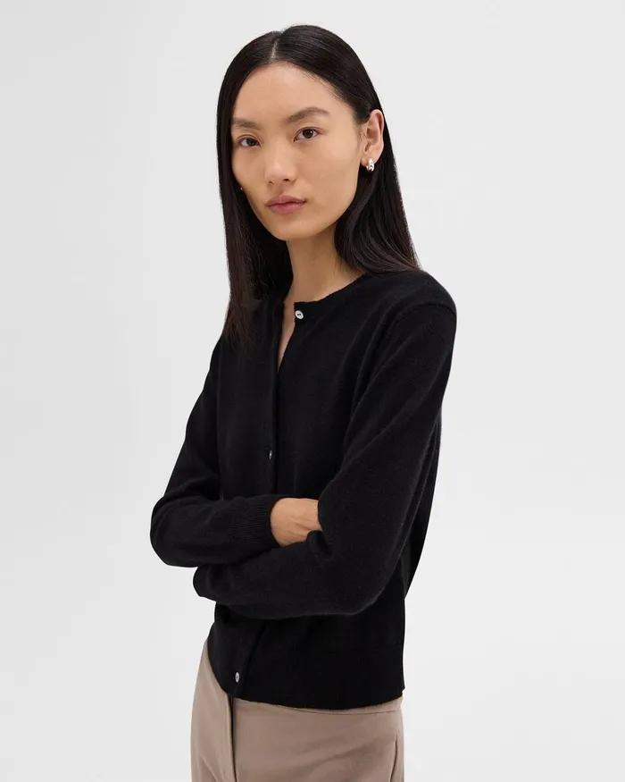 Women Sweaters Cardigans Theory Crewneck Cardigan In Cashmere Black