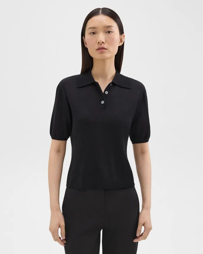 Women Sweaters Cardigans Theory ShortSleeve Polo Sweater In Regal Wool Black