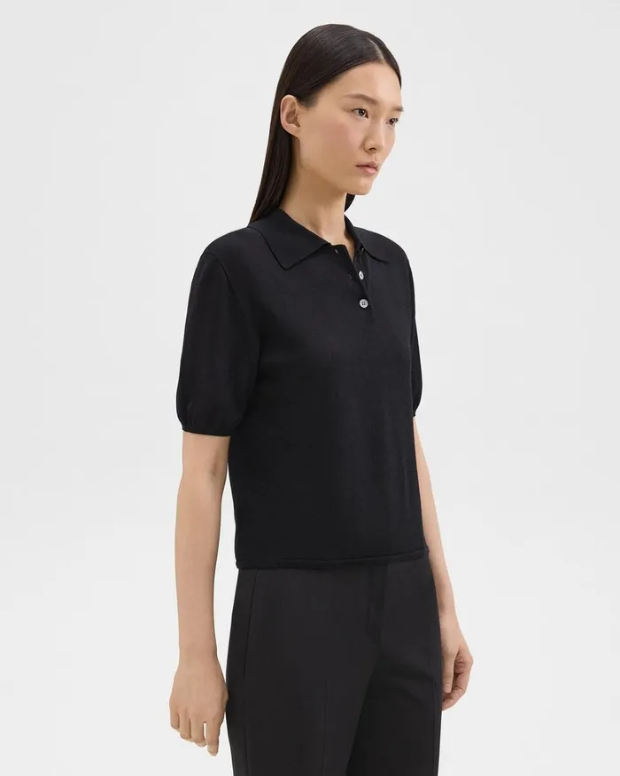 Women Sweaters Cardigans Theory ShortSleeve Polo Sweater In Regal Wool Black