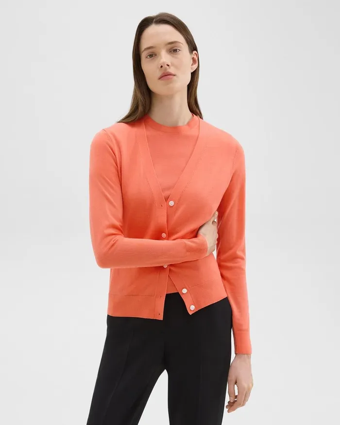 Women Sweaters Cardigans Theory VNeck Cardigan In Regal Wool Bright Coral