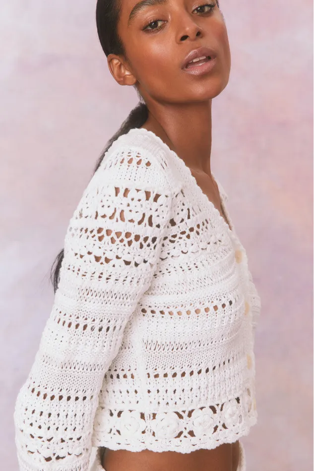 Women Sweaters LoveShackFancy Middleton Cotton Crochet Cardigan Antique White