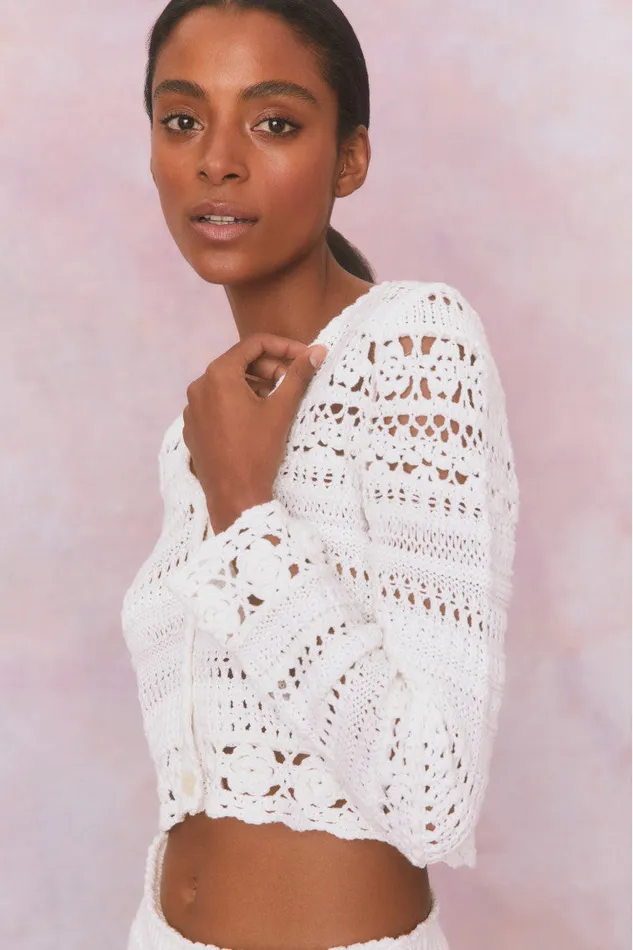 Women Sweaters LoveShackFancy Middleton Cotton Crochet Cardigan Antique White