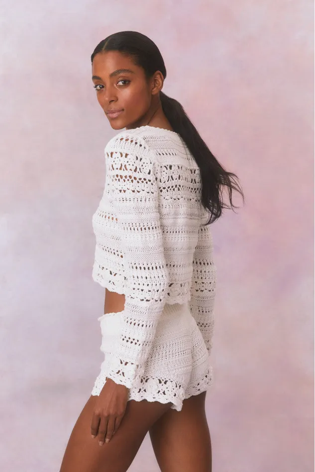 Women Sweaters LoveShackFancy Middleton Cotton Crochet Cardigan Antique White