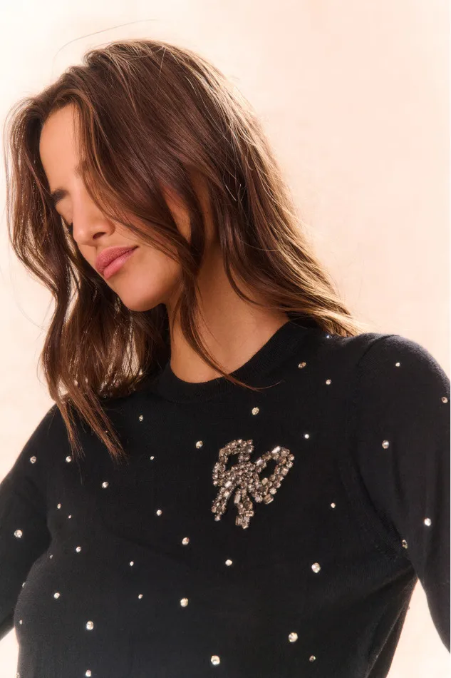Women Sweaters LoveShackFancy Pammie Embellished Wool Pullover Black