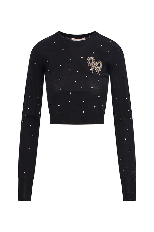 Women Sweaters LoveShackFancy Pammie Embellished Wool Pullover Black