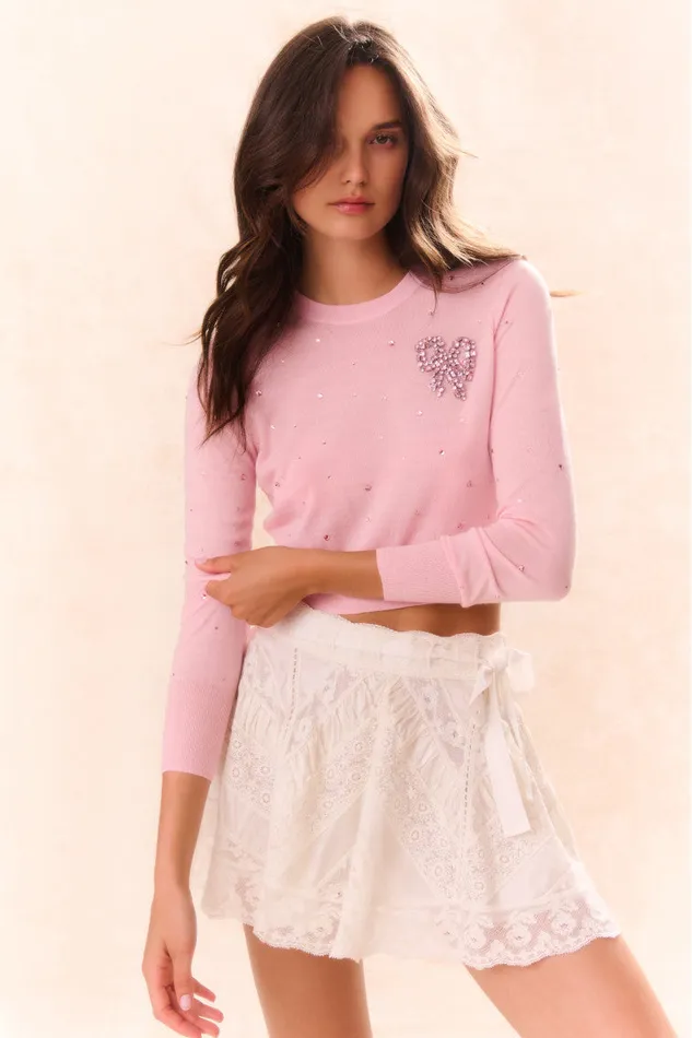Women Sweaters LoveShackFancy Pammie Embellished Wool Pullover Pink Frosting Women Sweaters LoveShackFancy Pammie Embellished Wool Pullover Pink Frosting