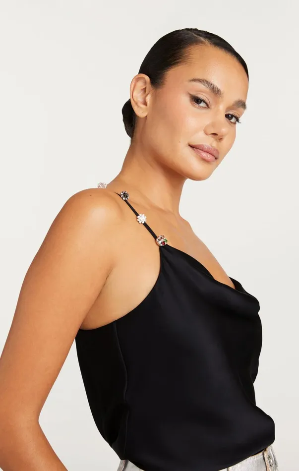 Women Tank Tops and Camisoles Cinq Sept Bohemian Rhinestone Marta Cami Black