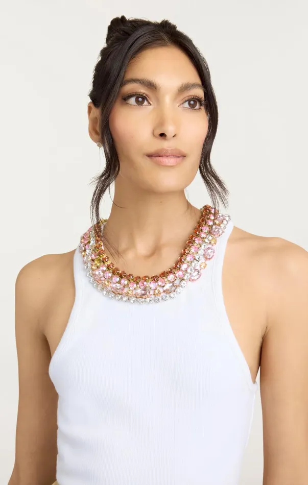 Women Tank Tops and Camisoles Cinq Sept Chunky Rhinestone Necklace Lizzie Top White Multi