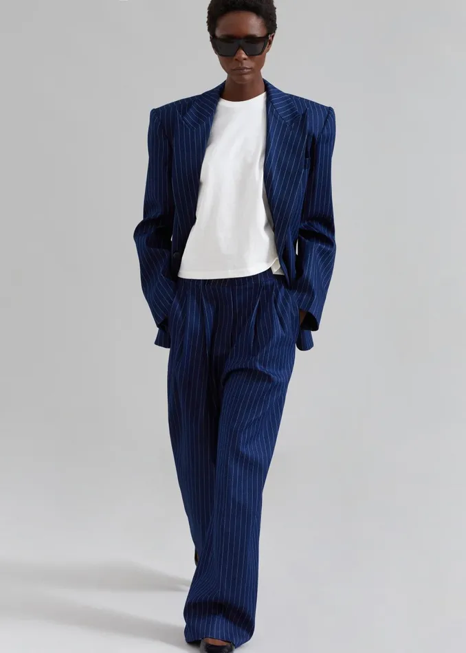 Women Tansy Denim Pants 8211 Navy Pinstripe The Frankie Shop Bottoms