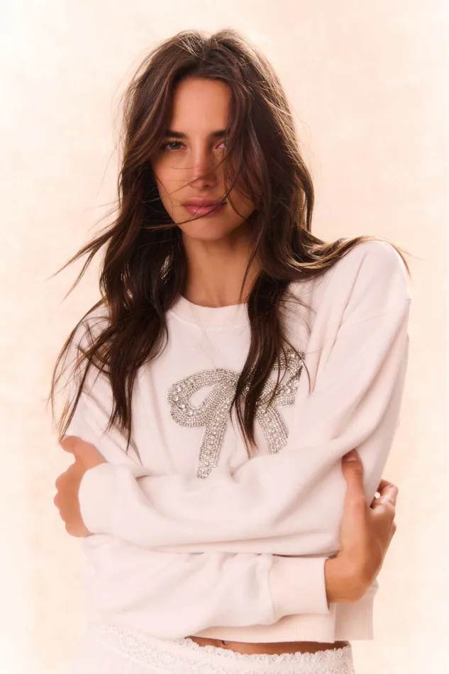 Women Tees and Fleece LoveShackFancy Rylan BowEmbellished Fleece Pullover Sugar Cookie