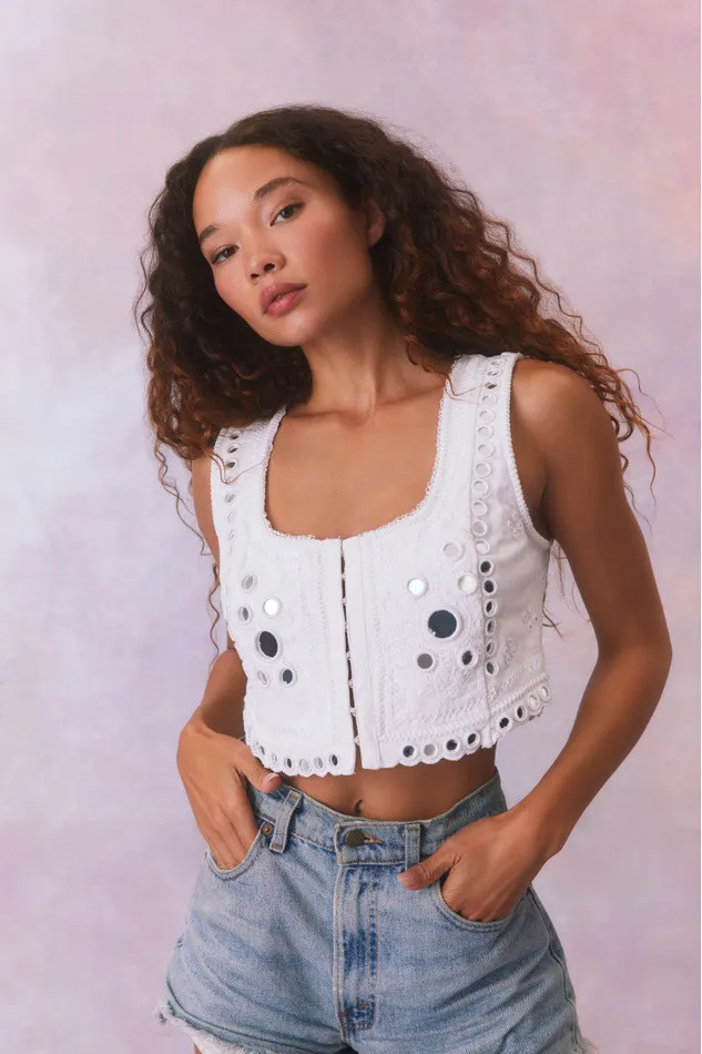 Women Tops LoveShackFancy Cayman Embellished Bustier Top True White