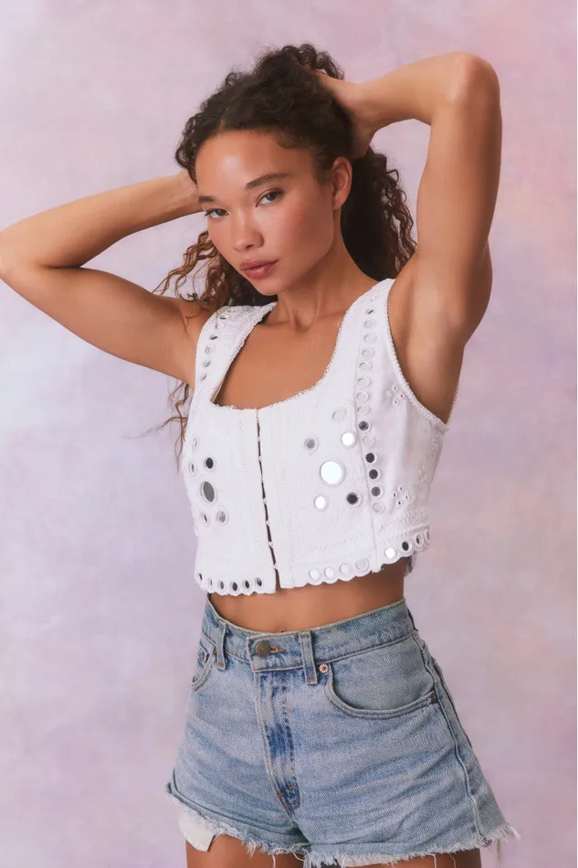 Women Tops LoveShackFancy Cayman Embellished Bustier Top True White