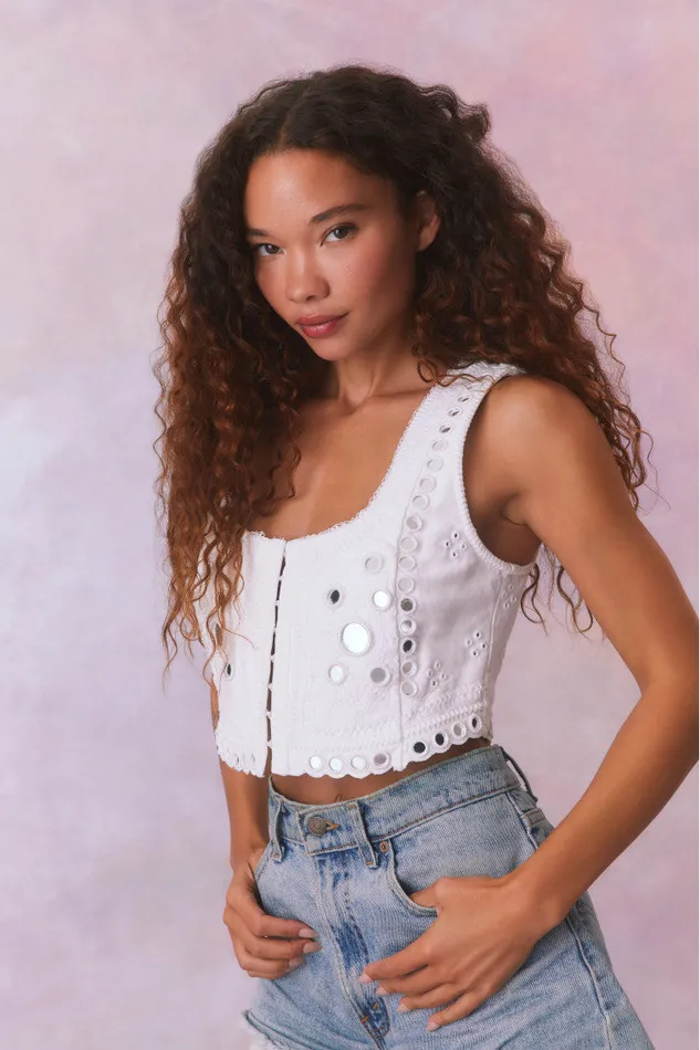 Women Tops LoveShackFancy Cayman Embellished Bustier Top True White