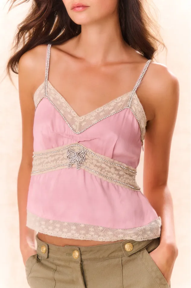 Women Tops LoveShackFancy Laticia Embellished Satin Top Ash Pink