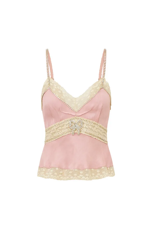 Women Tops LoveShackFancy Laticia Embellished Satin Top Ash Pink