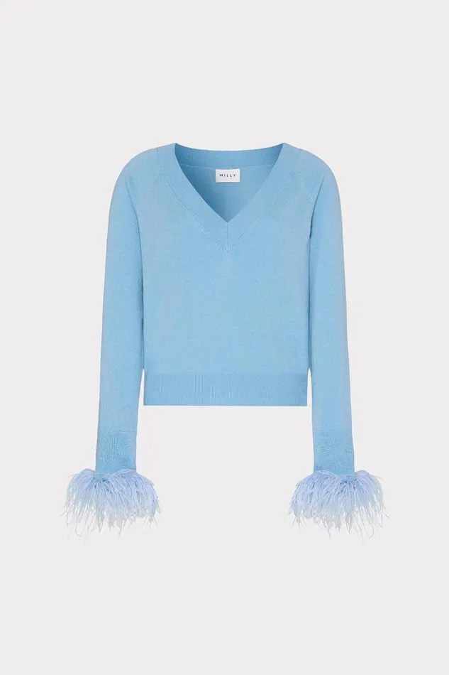 Women Tops Milly Feather Cuff VNeck Sweater Ice Blue