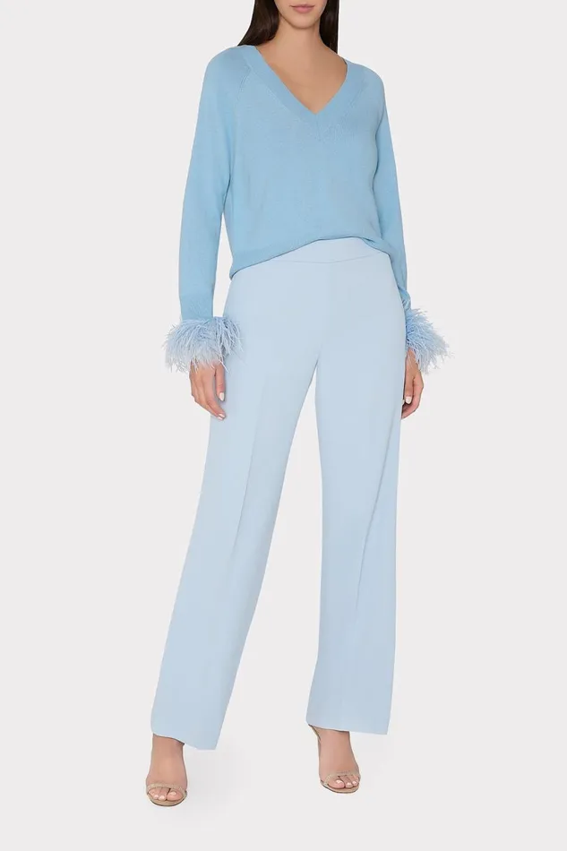 Women Tops Milly Feather Cuff VNeck Sweater Ice Blue
