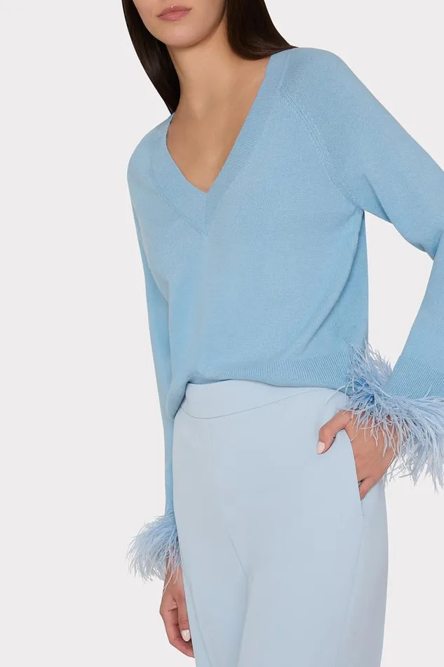 Women Tops Milly Feather Cuff VNeck Sweater Ice Blue