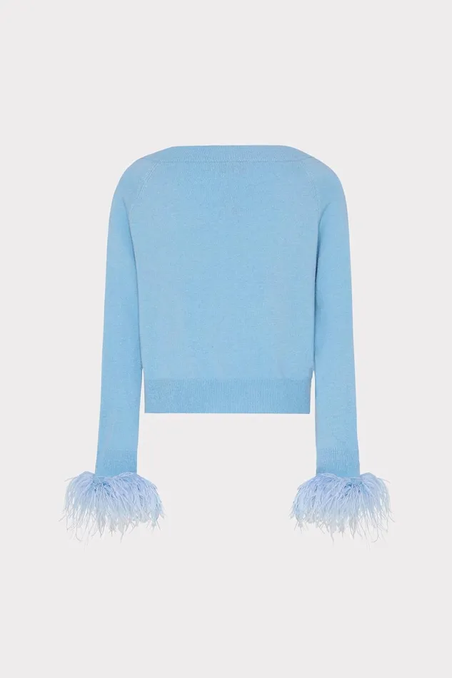 Women Tops Milly Feather Cuff VNeck Sweater Ice Blue