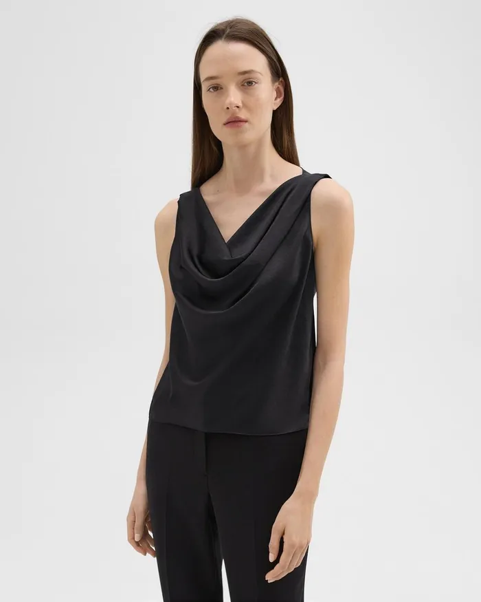 Women Tops Theory Cowl Neck Top In Crushed Satin Black