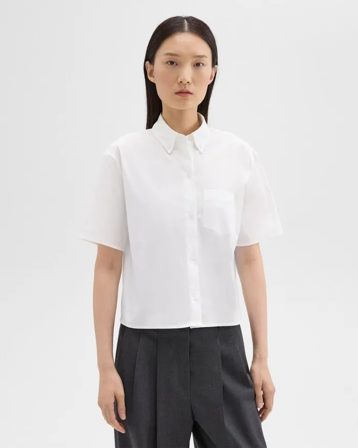 Women Tops Theory Cropped ShortSleeve Shirt In Good Cotton White
