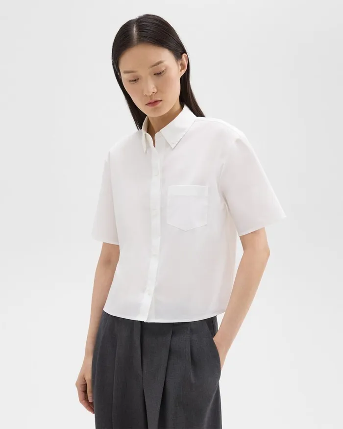Women Tops Theory Cropped ShortSleeve Shirt In Good Cotton White