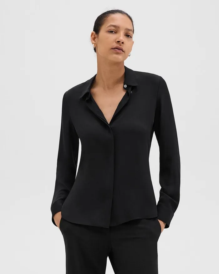 Women Tops Theory Fitted Shirt In Silk Georgette Black