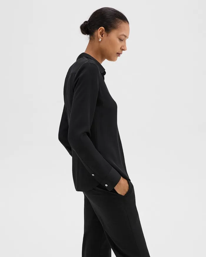 Women Tops Theory Fitted Shirt In Silk Georgette Black