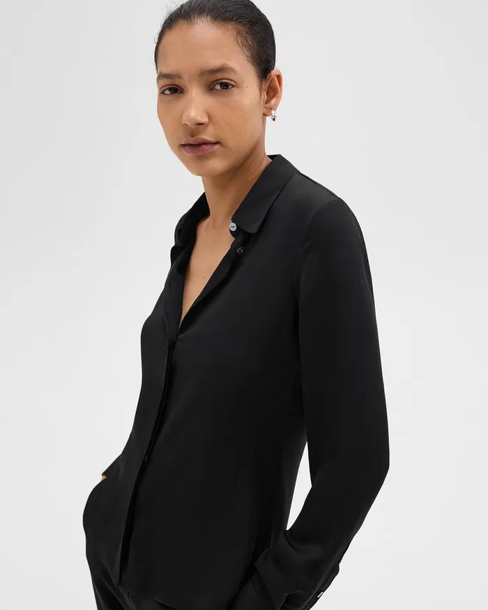 Women Tops Theory Fitted Shirt In Silk Georgette Black