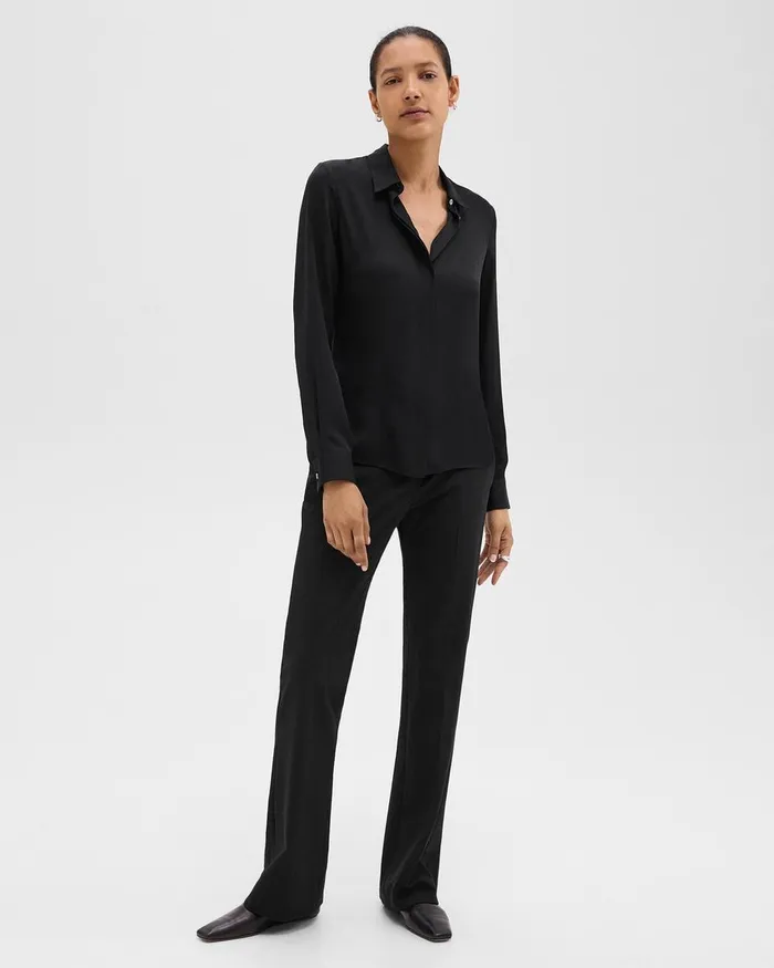 Women Tops Theory Fitted Shirt In Silk Georgette Black