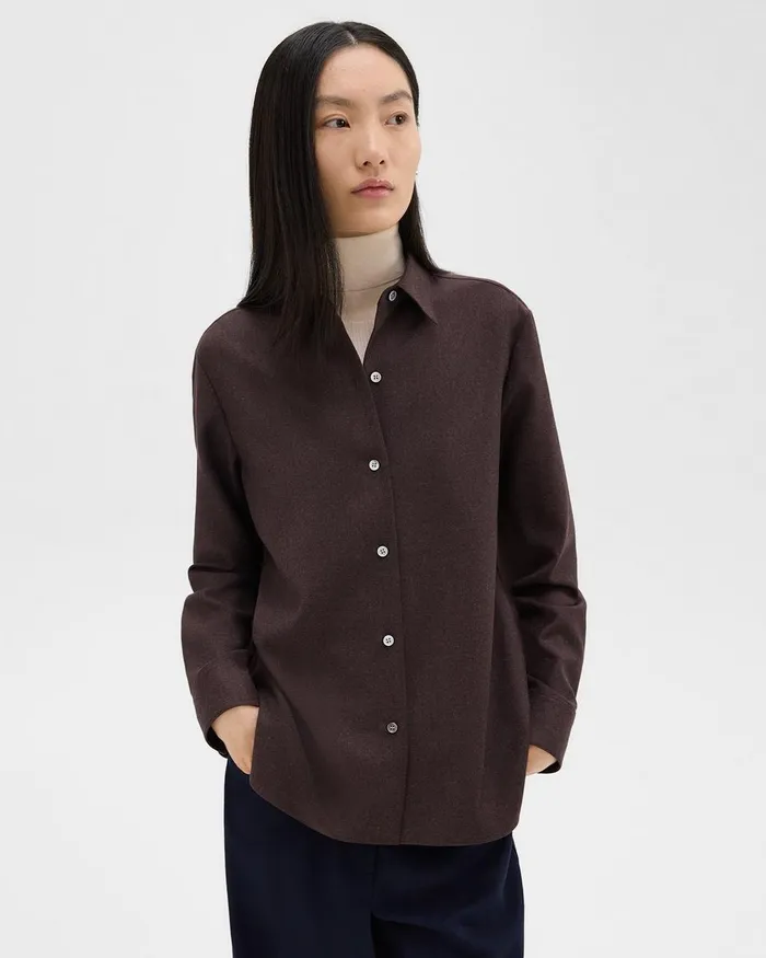 Women Tops Theory Straight Shirt In Sleek Flannel Hickory Melange