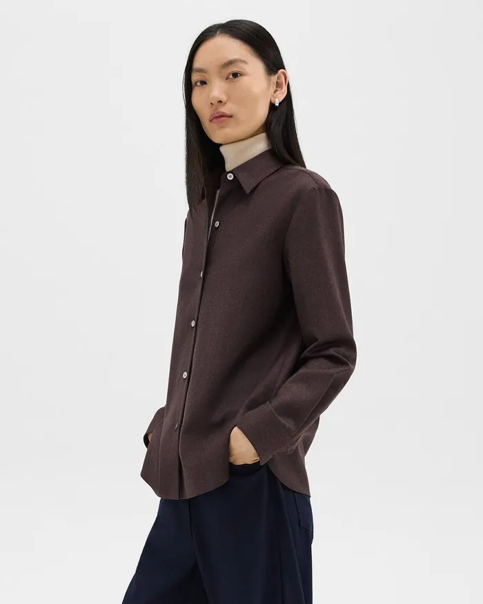 Women Tops Theory Straight Shirt In Sleek Flannel Hickory Melange