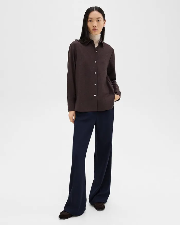 Women Tops Theory Straight Shirt In Sleek Flannel Hickory Melange