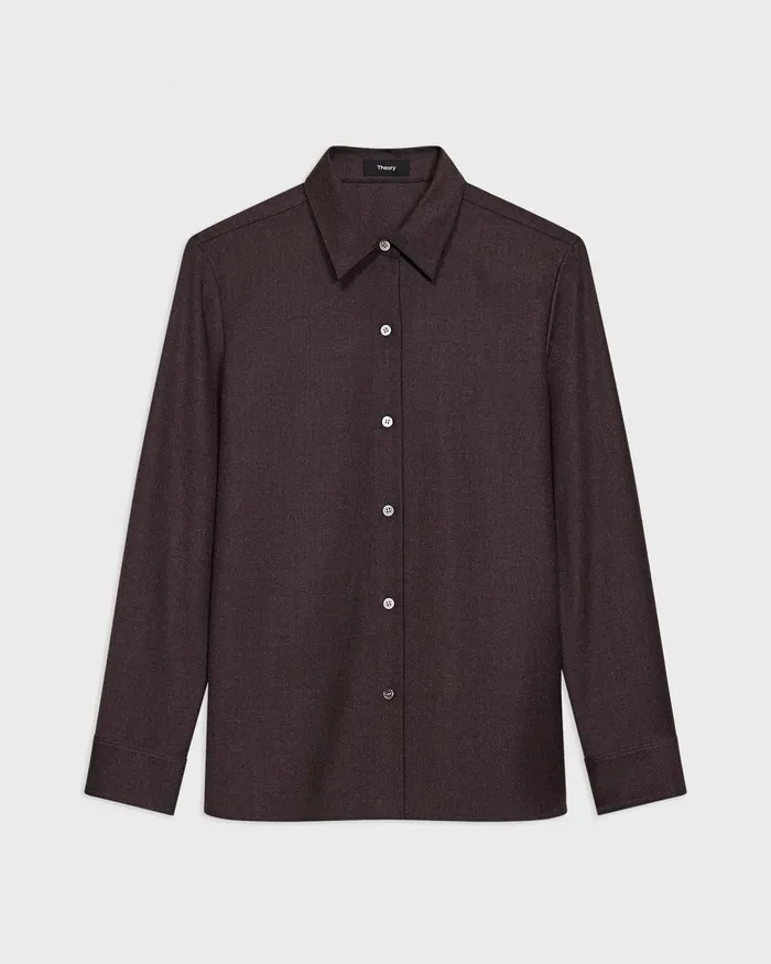 Women Tops Theory Straight Shirt In Sleek Flannel Hickory Melange